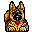 Pixelated dog with brown and black fur, red cross on chest, raised paw in one view, gray background.