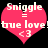 Two identical pink heart-shaped icons with white text and symbols on black background, each displaying 'Sniggle = true love! <3' in pixelated font.
