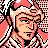 Pixelated static icon of a character with peach skin, black hair, and red accents in a checkered background pattern.