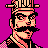 Pixel art portrait of a man with mustache and hat against solid magenta background, rendered in 48x48 pixel grid with limited color palette.