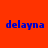 Four quadrants display the word 'delayna' in blue pixelated text against solid orange, red, purple, and pink backgrounds.