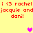Yellow background with red text reading "i <3 rachel i <3 rachel jacquie andjacquie and dani!" repeated twice, featuring pink pixel hearts at various positions.