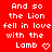 Red background with repeated white text "And so the Lion fell in love with the Lamb" and heart symbols arranged in a pattern