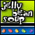 Green background with 'jelly bean soup' text and blue bar of colored jellybeans; animation cycles through different jellybean color arrangements.