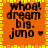 Orange background with yellow pixelated border, black text reading 'whoa! dream big. juno' and a small heart symbol.
