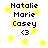 Pixelated text 'Natalie Marie Casey' with heart symbol '<3' over yellow star background, animated with star movement.