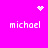 Pixelated icon with bright pink background showing four 'michael' text instances and three white pixel symbols in a