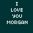 Pixelated text "I LOVE YOU MORGAN" on dark teal background with blue highlight changes across six