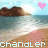 Pixelated beach scene with rocky outcrop, ocean waves, and pink heart symbol above; text 'chandler' in light blue on left side.