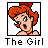 Pixelated cartoon icon of a girl with orange hair and red bow, wearing red bikini top, framed in black square border with text "The Girl" below.