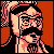 Pixelated 8-bit style icon of a character with dark hair, mustache, and beard against an orange background.