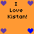 Pixelated orange background with black text "I Love Kistan!" and purple/blue heart icons in various positions.