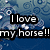 Pixelated blue background with white circular patterns and a horse silhouette, overlaid by black text reading "I love my horse!!".