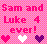 Pixelated pink background with bold text reading 'Sam and Luke 4 ever!' above three pixel hearts in pink, white, and purple.