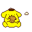 Yellow cartoon character with brown top of head holding a cookie, interacting with small white creature and stars in pixelated animation.