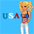 Pixelated image of a blonde woman in patriotic attire standing beside 'USA' text on a blue background.