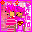 Two pixelated figures with pink hair stand side-by-side against a pink background, one holding a brown chair and the other wearing a yellow-and-brown emblem on their chest.