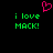 Pixelated green text 'i love MACK!' appears twice on black background with pink heart symbol above center.