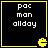 Four identical black square with yellow borders, each containing white pixelated text 'pac man allday' and a yellow Pac-Man icon in the bottom-right corner