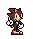 Pixelated character with black fur, red accents on head and shoes, white gloves, yellow muzzle, standing in two poses against a plain background.