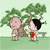 Two cartoon figures stand under a tree; one holds a red heart-shaped object while the other's arm moves from side to side