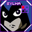 Pixelated character with black hair and blue headband, gray face, purple border; four show red square shifting through positions