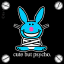 Pixelated blue bunny with pink nose and white teeth, arms outstretched against black background with four gray circles.