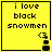 Yellow square with black text "i love black snowmen" and a small pixelated figure changing position across four