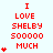 Red pixel text "I LOVE SHELBY 500000 MUCH" on light blue background with animated heart count increasing from one to five hearts.