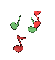 Pixelated red and green musical notes float against a gray background in various positions