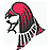 Pixelated icon of a stylized figure with a large pink head, black body, and checkered pattern on limbs, holding a red-tipped object.