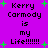 Purple background with green plus signs and repeated text 'Kerry Carmody is my Life!!!!!!' in black pixelated font.
