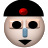 Pixelated face with black beret, red circular emblem, blue nose, black eyes, and black mouth on light gray background.