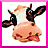 Pixelated image of a cow with exaggerated features and text reading 'mad cow disease' on a pink background.