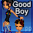 Pixel art contact sheet showing two frames of an animated buddy icon with a character petting another's head and "Good Boy" text.