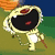 Pixelated cartoon character in yellow astronaut suit with black helmet and red mouth, holding brown stick on green-yellow background; maroon with 'RINTOO' text