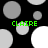 Black background with scattered gray and white circles; four instances of green text reading CLAIRE in pixelated font.