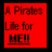 Red square with pixelated text 'A Pirates Life for HELL!' next to a black-and-white skull and crossbones in red frame.