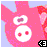 Pixelated pink pig with white circular eyes, one eye containing a purple shape; light blue background and black-and-white checkered symbol in bottom right.