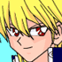 Pixelated anime-style character with blonde hair and red eyes, shown in six sequential expressions against a light blue background.