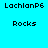 Pixelated text displays 'LachlanP6' and 'Rocks' on cyan background with yellow rectangular overlays in a