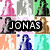 pixelated character icons in various colors with a central black banner reading 'JONAS BROTHERS' over the middle