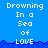 Pixelated text 'Drowning In a Sea of LOVE' on blue background with wave pattern, repeated across multiple