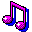 Four pixelated musical notes in pink and blue on gray background, two with curved stems, two with straight stems.