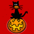 Black cat with orange nose sits atop orange pumpkin with yellow carved face on red background.