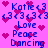 Pixelated icon with pink background, blue text, and pink hearts; text repeats 'Katie <3', 'Love', 'Peace', 'Dancing' in vertical arrangement.