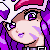 Pixel art contact sheet of a character with purple hair and red headband in six animated frames showing facial expression changes from smiling to winking to closed eyes.