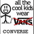 A pixelated image with a stick figure, crossed-out 'VANS' text, and 'CONVERSE' text above a colorful background featuring 'converse equals love<33' in black boxes.