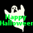 Pixelated ghost icon with green text 'Happy Halloween' on black background, showing three color variations of the ghost.