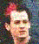 Two side-by-side show a person with red hair against dark backgrounds; the left displays repeated text while the right shows 'GL' in white script